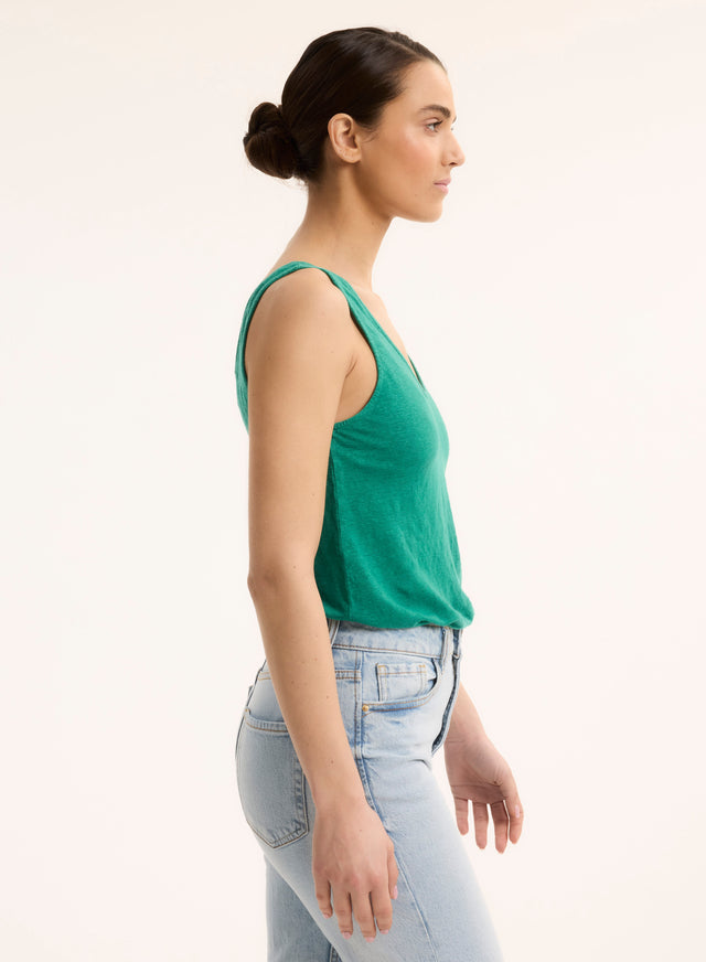 Majestic Filatures Débardeur Vert Col V En Lin / Elasthanne Lin / Elasthanne