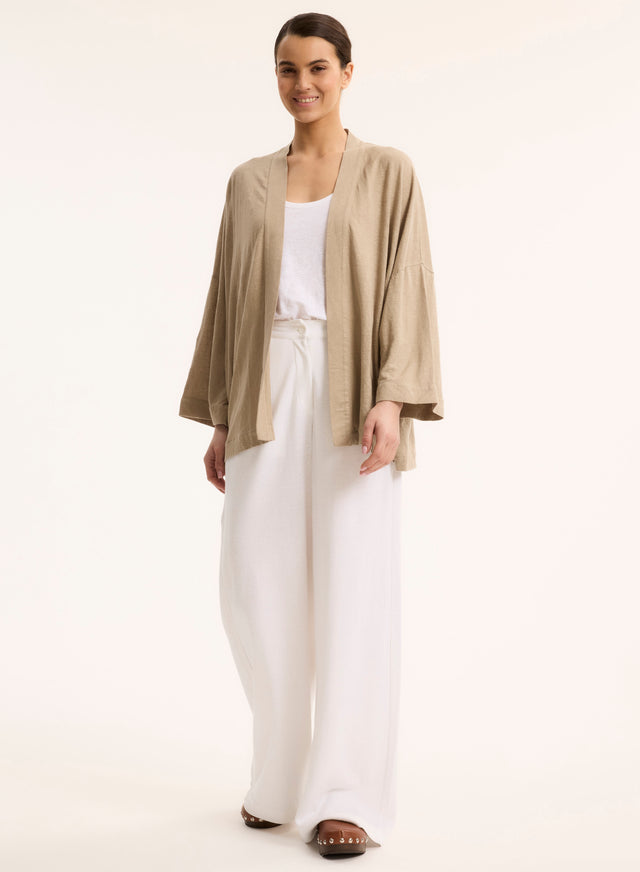 Majestic Filatures Gilet Beige Col Profond Manches Longues En Lin / Elasthanne Lin / Elasthanne