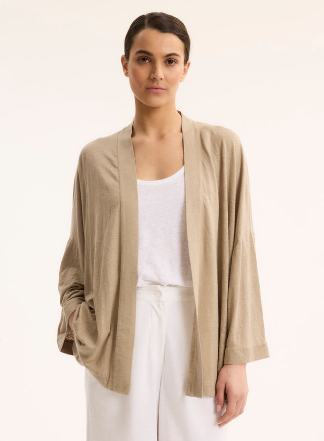 Majestic Filatures Gilet Beige Col Profond Manches Longues En Lin / Elasthanne Lin / Elasthanne