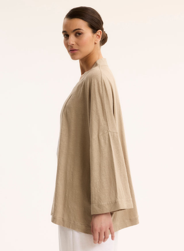 Majestic Filatures Gilet Beige Col Profond Manches Longues En Lin / Elasthanne Lin / Elasthanne