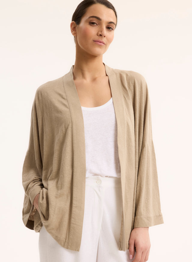 majestic filatures Gilet Beige Col Profond Manches Longues en Lin / Elasthanne Lin / Elasthanne