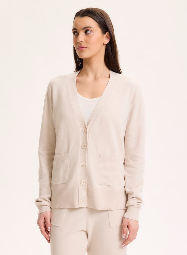 Majestic Filatures Gilet Beige Col V Manches Longues En Coton Organique / Elasthanne Coton Organique / Elasthanne