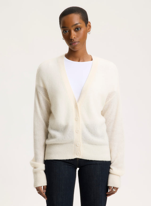 Majestic Filatures Gilet Blanc Col V Manches Longues En Laine / Soie / Cachemire Laine / Soie / Cachemire