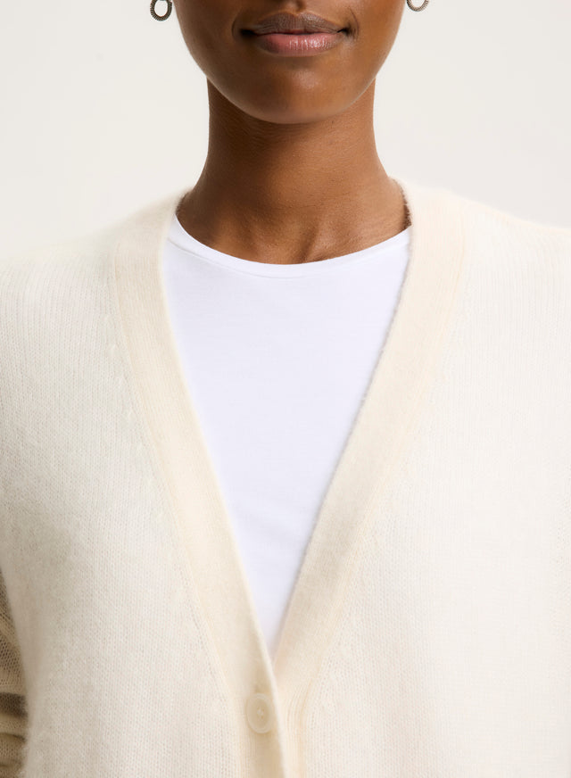 Majestic Filatures Gilet Blanc Col V Manches Longues En Laine / Soie / Cachemire Laine / Soie / Cachemire