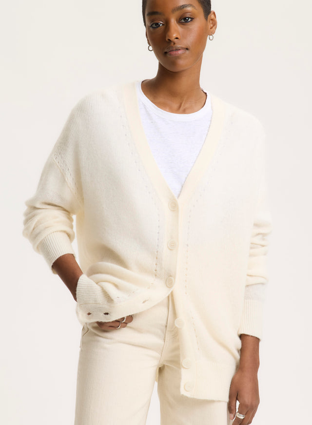 Majestic Filatures Gilet Blanc Col V Manches Longues En Laine / Soie / Cachemire Laine / Soie / Cachemire