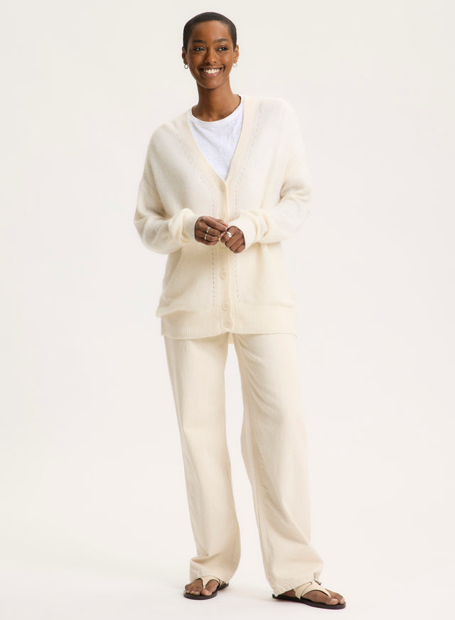 Majestic Filatures Gilet Blanc Col V Manches Longues En Laine / Soie / Cachemire Laine / Soie / Cachemire