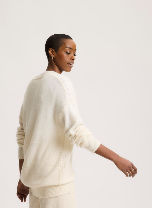 Majestic Filatures Gilet Blanc Col V Manches Longues En Laine / Soie / Cachemire Laine / Soie / Cachemire