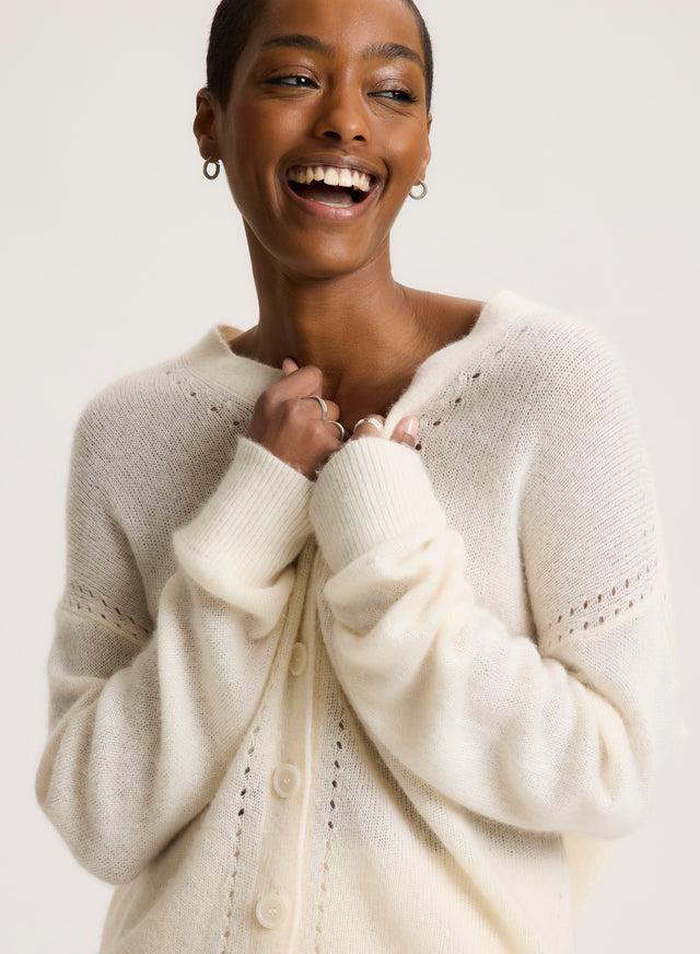 majestic filatures Gilet Blanc Col V Manches Longues en Laine / Soie / Cachemire Laine / Soie / Cachemire