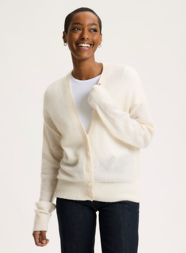 majestic filatures Gilet Blanc Col V Manches Longues en Laine / Soie / Cachemire Laine / Soie / Cachemire