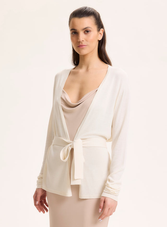 Majestic Filatures Gilet Blanc Col V Manches Longues En Soie / Viscose Soie / Viscose