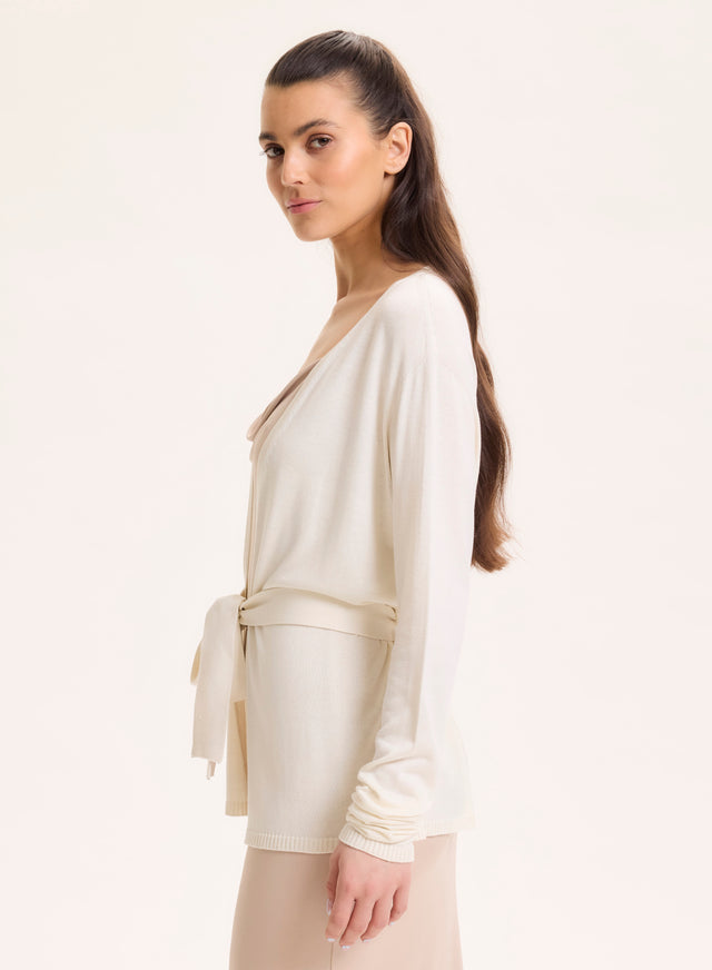 Majestic Filatures Gilet Blanc Col V Manches Longues En Soie / Viscose Soie / Viscose