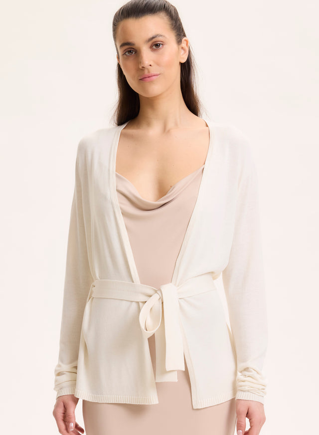 majestic filatures Gilet Blanc Col V Manches Longues en Soie / Viscose Soie / Viscose