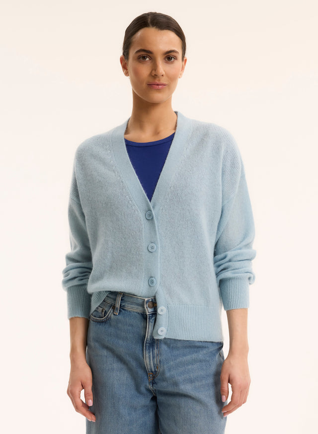 Majestic Filatures Gilet Bleu Col V Manches Longues En Laine / Soie / Cachemire Laine / Soie / Cachemire