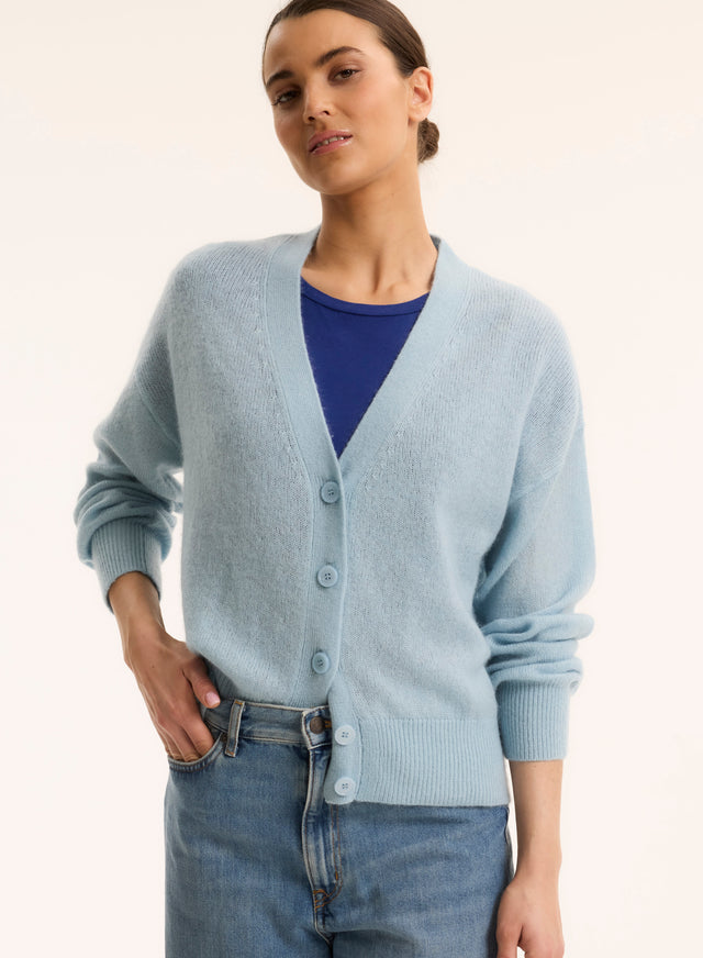 majestic filatures Gilet Bleu Col V Manches Longues en Laine / Soie / Cachemire Laine / Soie / Cachemire