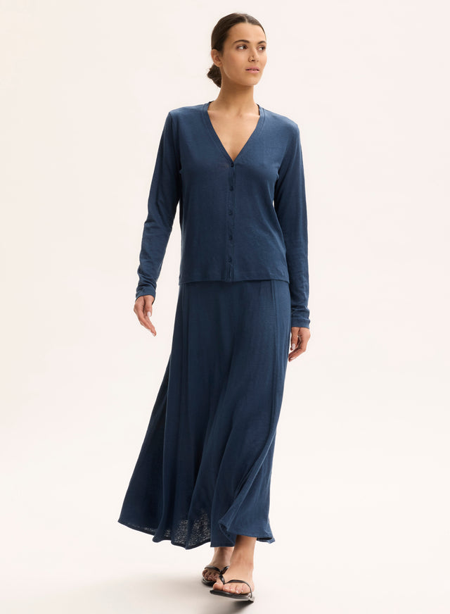 Majestic Filatures Gilet Bleu Col V Manches Longues En Lin / Elasthanne Lin / Elasthanne