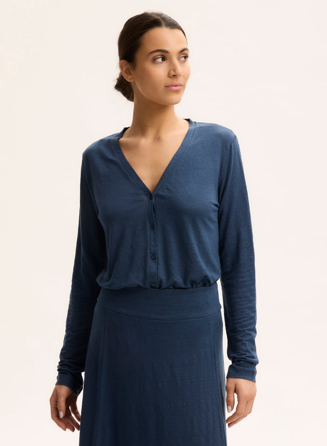 Majestic Filatures Gilet Bleu Col V Manches Longues En Lin / Elasthanne Lin / Elasthanne