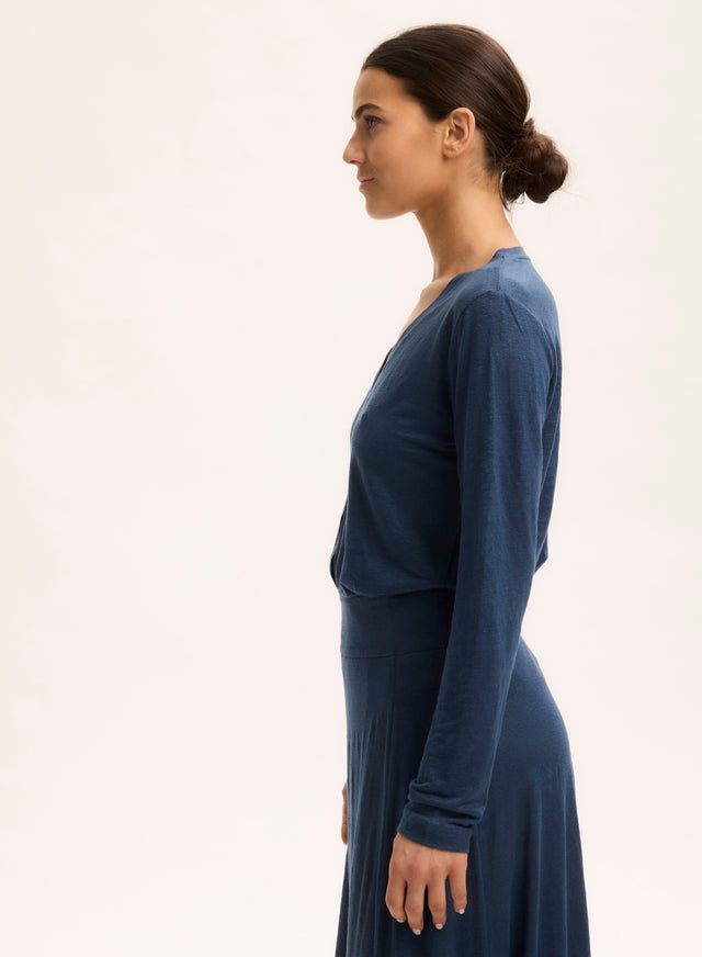 Majestic Filatures Gilet Bleu Col V Manches Longues En Lin / Elasthanne Lin / Elasthanne