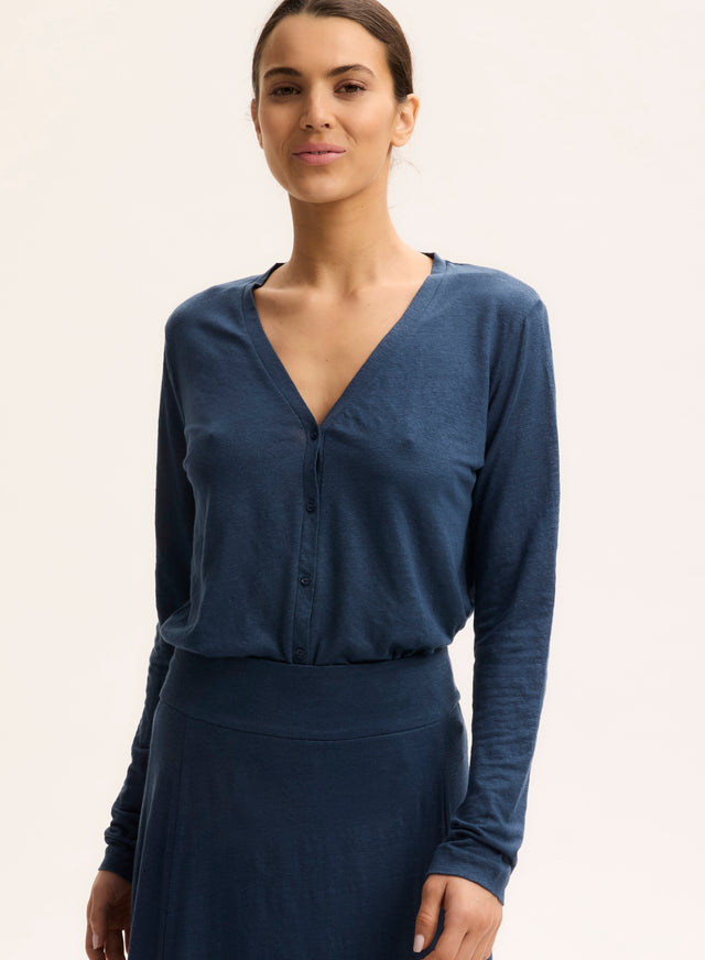 majestic filatures Gilet Bleu Col V Manches Longues en Lin / Elasthanne Lin / Elasthanne