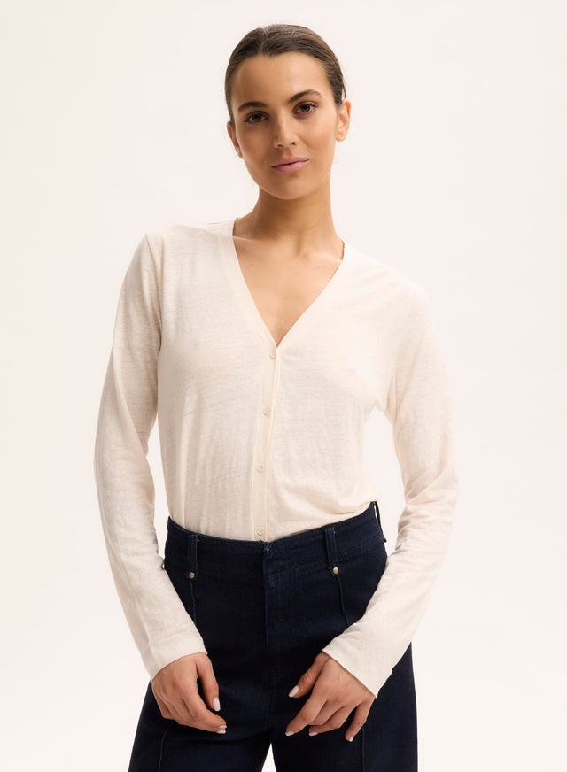Majestic Filatures Gilet Écru Col V Manches Longues En Lin / Elasthanne Lin / Elasthanne