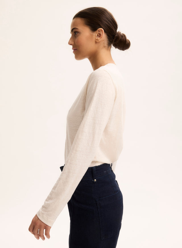 Majestic Filatures Gilet Écru Col V Manches Longues En Lin / Elasthanne Lin / Elasthanne