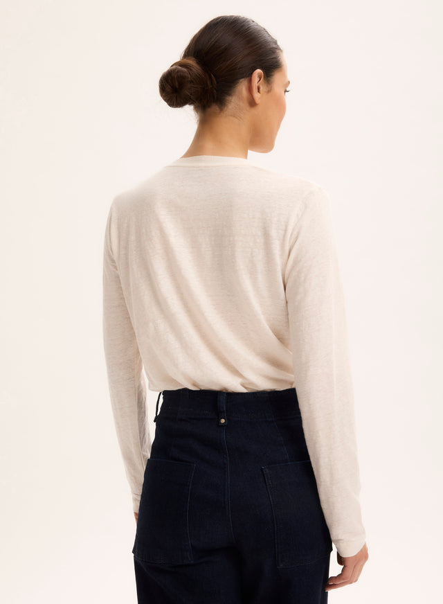 Majestic Filatures Gilet Écru Col V Manches Longues En Lin / Elasthanne Lin / Elasthanne