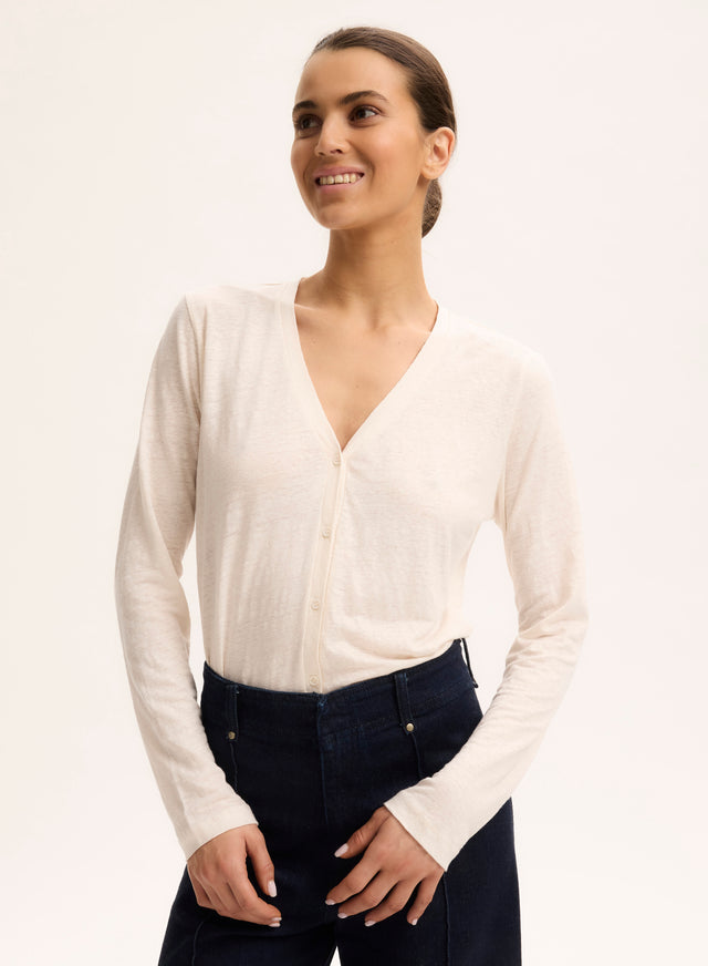 majestic filatures Gilet Écru Col V Manches Longues en Lin / Elasthanne Lin / Elasthanne