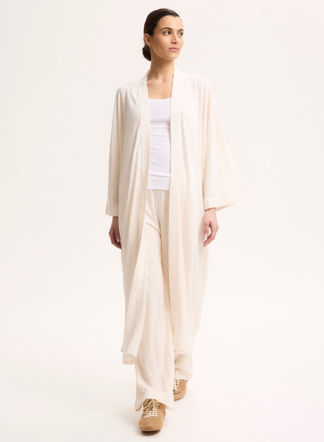 Majestic Filatures Gilet Écru Long Col Profond Manches Longues En Lin / Elasthanne Lin / Elasthanne