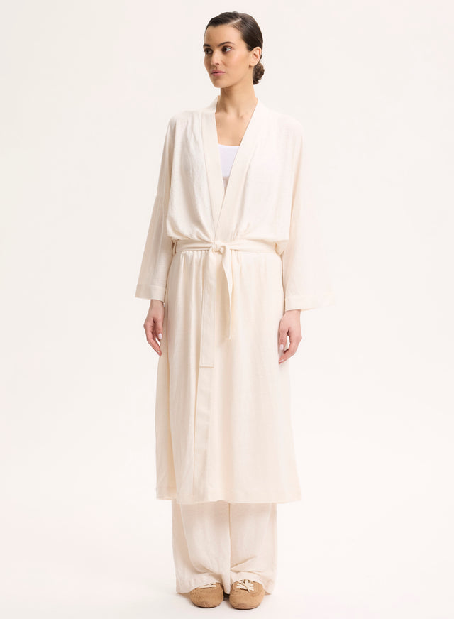 Majestic Filatures Gilet Écru Long Col Profond Manches Longues En Lin / Elasthanne Lin / Elasthanne