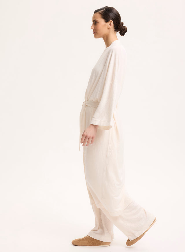 Majestic Filatures Gilet Écru Long Col Profond Manches Longues En Lin / Elasthanne Lin / Elasthanne