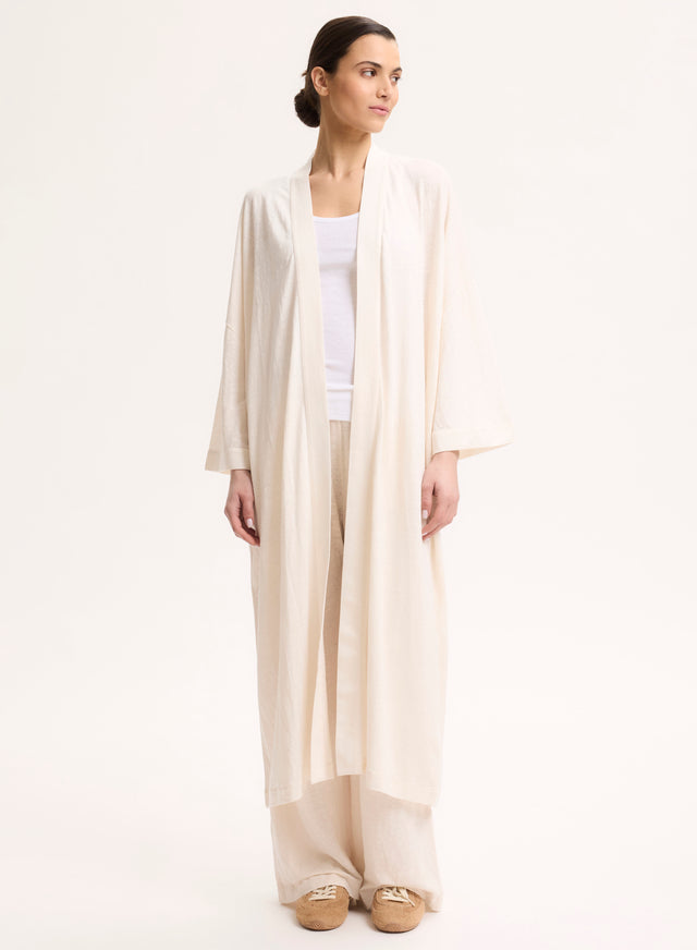 majestic filatures Gilet Écru Long Col Profond Manches Longues en Lin / Elasthanne Lin / Elasthanne