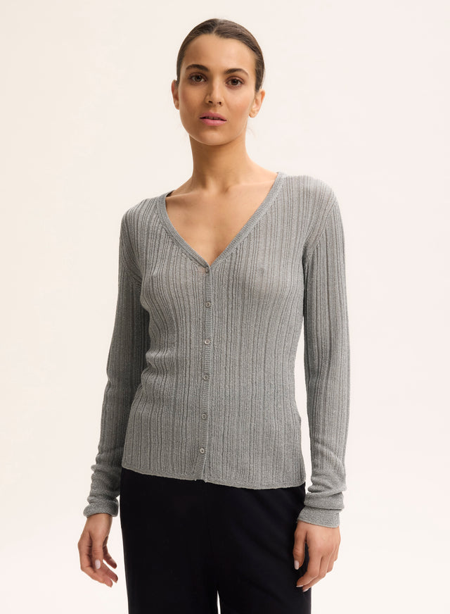 Majestic Filatures Gilet Gris Col V Manches Longues Acetate / Fibre Metallisee / Polyamide