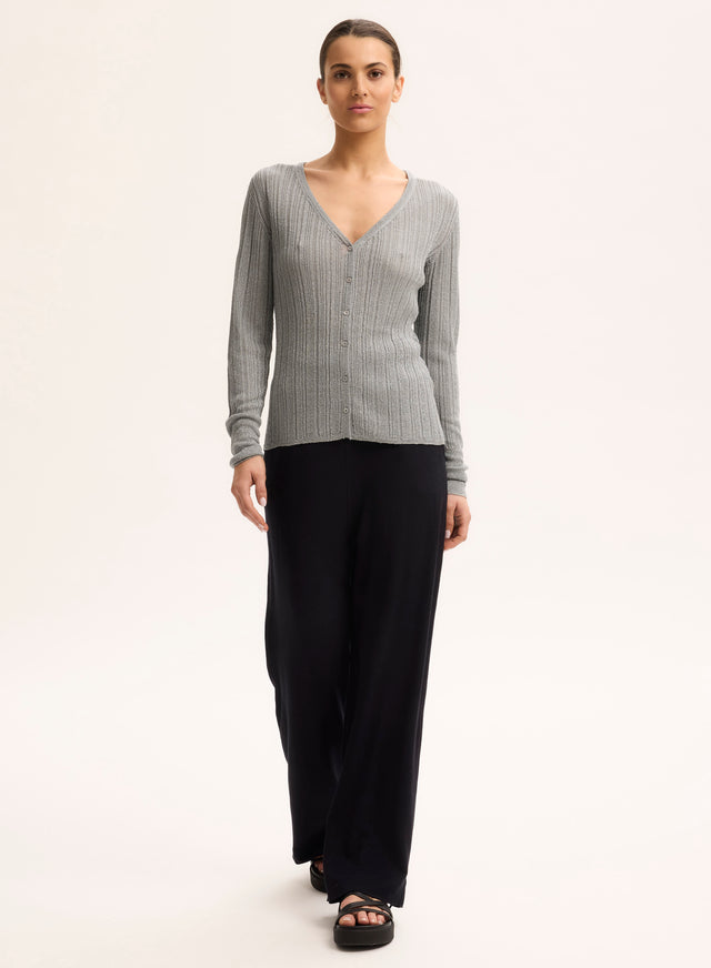 Majestic Filatures Gilet Gris Col V Manches Longues Acetate / Fibre Metallisee / Polyamide