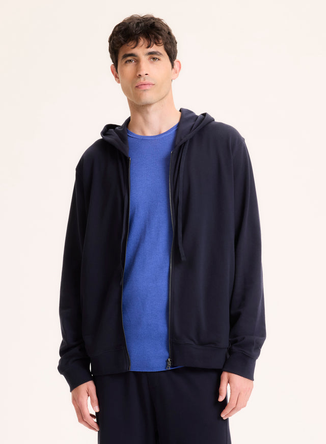 Majestic Filatures Gilet Marine Col Capuche Manches Longues En Coton Organique Coton Organique