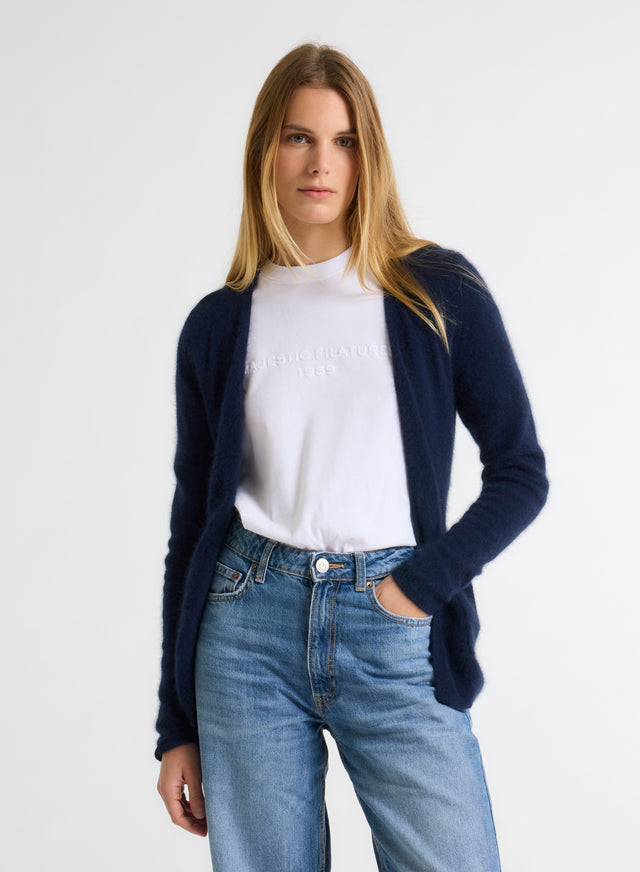 Majestic Filatures Gilet Marine Col V Manches Longues En Raccoon / Polyamide Raccoon / Polyamide