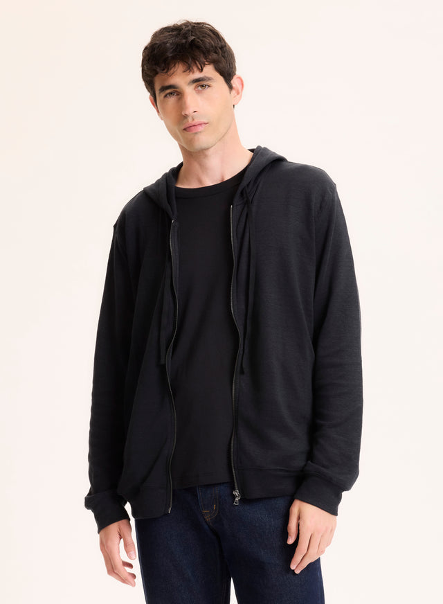 Majestic Filatures Gilet Noir Col Capuche Manches Longues En Lin / Coton Organique Lin / Coton Organique