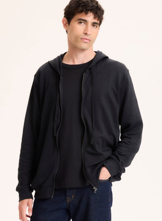 majestic filatures Gilet Noir Col Capuche Manches Longues en Lin / Coton organique Lin / Coton organique