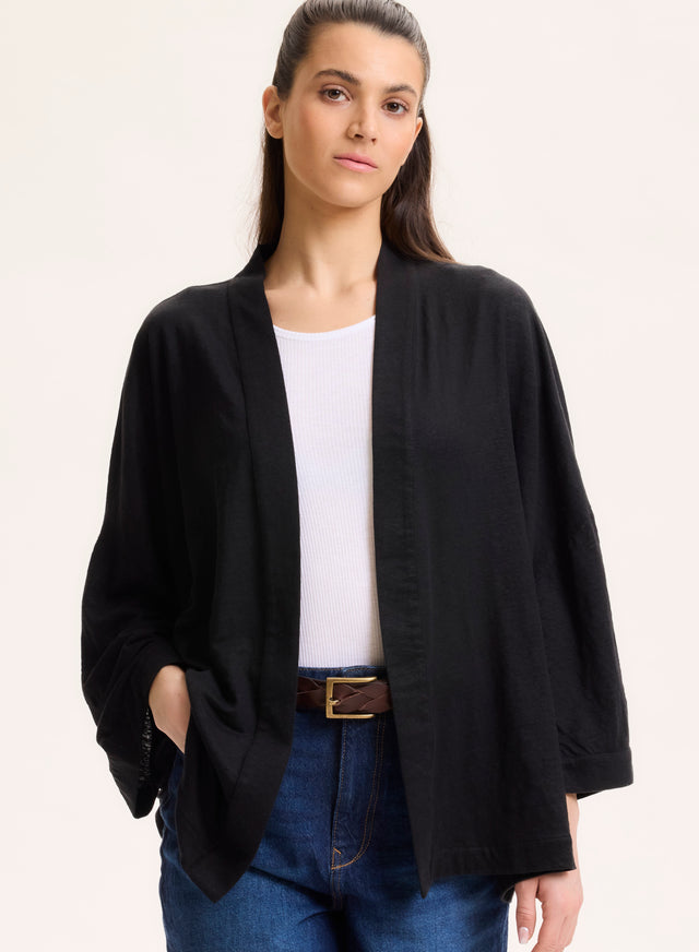 Majestic Filatures Gilet Noir Col Profond Manches Longues En Lin / Elasthanne Lin / Elasthanne