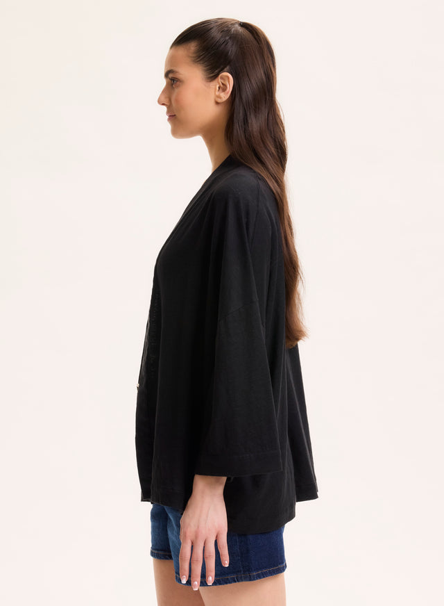 Majestic Filatures Gilet Noir Col Profond Manches Longues En Lin / Elasthanne Lin / Elasthanne