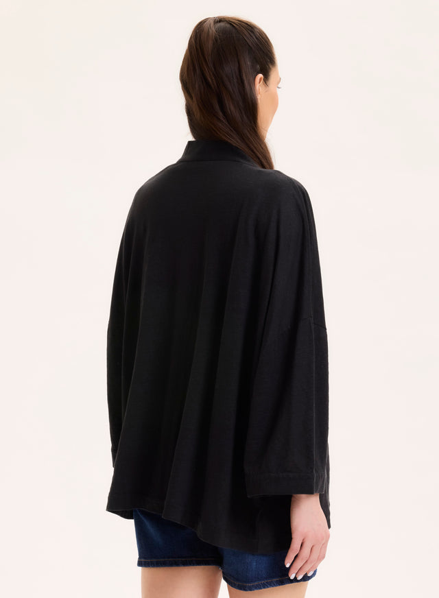 Majestic Filatures Gilet Noir Col Profond Manches Longues En Lin / Elasthanne Lin / Elasthanne