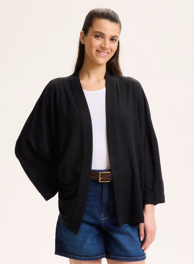 majestic filatures Gilet Noir Col Profond Manches Longues en Lin / Elasthanne Lin / Elasthanne