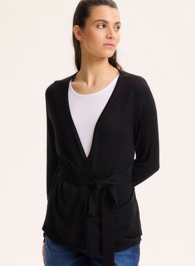 majestic filatures Gilet Noir Col V Manches Longues en Soie / Viscose Soie / Viscose