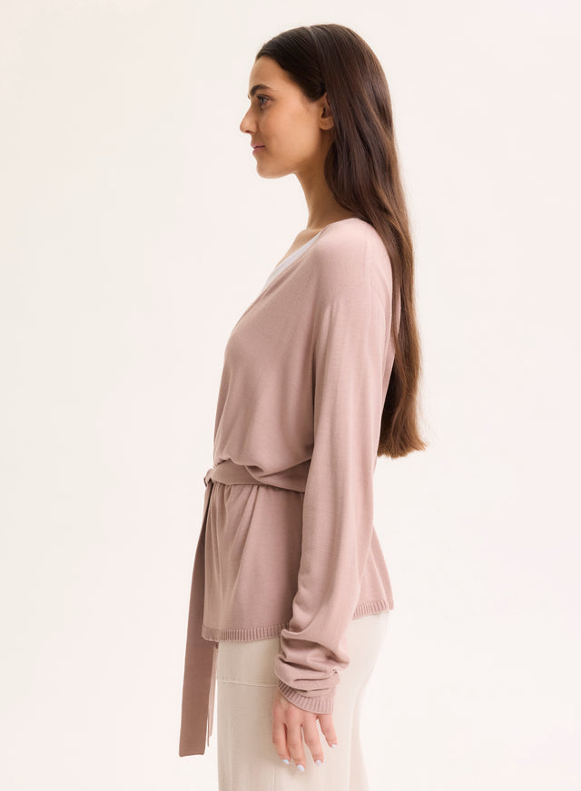 Majestic Filatures Gilet Rose Col V Manches Longues En Soie / Viscose Soie / Viscose