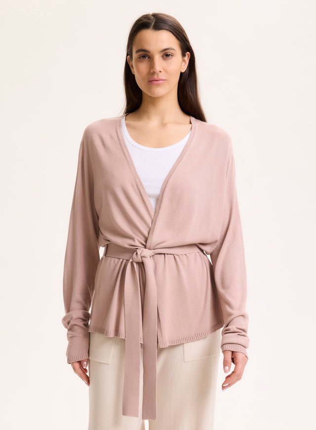 majestic filatures Gilet Rose Col V Manches Longues en Soie / Viscose Soie / Viscose