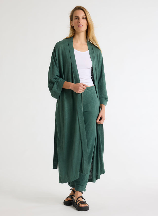 Majestic Filatures Gilet Vert Long Col Profond Manches Longues En Lin / Elasthanne Lin / Elasthanne