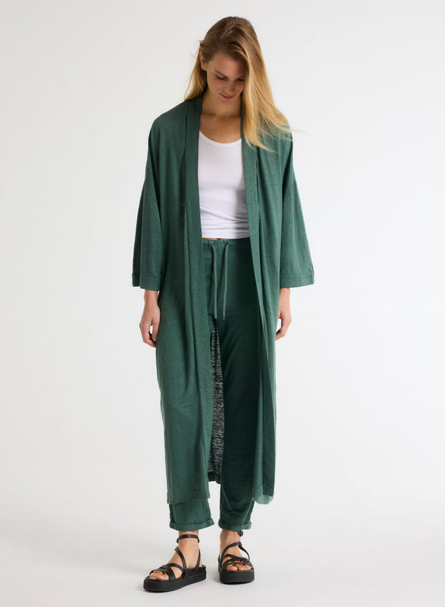 Majestic Filatures Gilet Vert Long Col Profond Manches Longues En Lin / Elasthanne Lin / Elasthanne