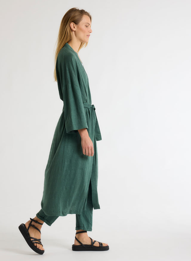 Majestic Filatures Gilet Vert Long Col Profond Manches Longues En Lin / Elasthanne Lin / Elasthanne