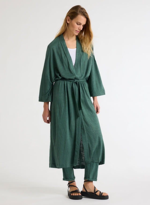 majestic filatures Gilet Vert Long Col Profond Manches Longues en Lin / Elasthanne Lin / Elasthanne