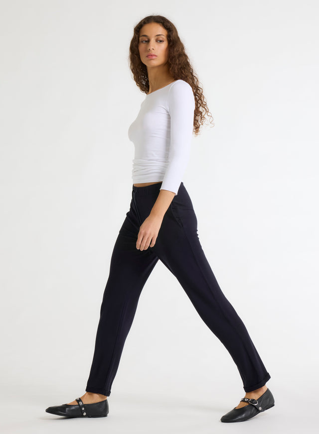 Majestic Filatures Pantalon Marine Daphné à Revers En Viscose / Élasthanne Viscose / Élasthanne