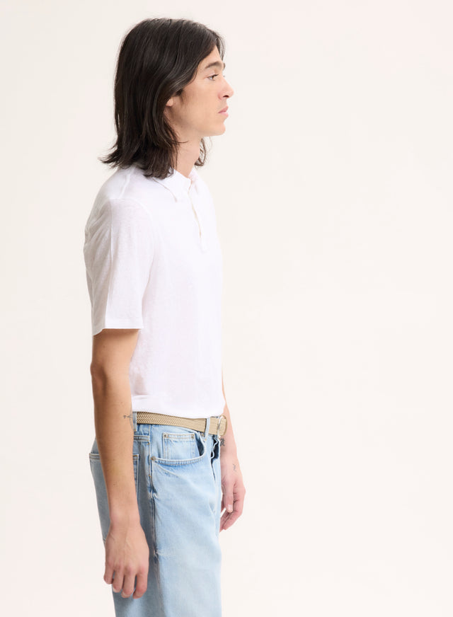 Majestic Filatures Polo Blanc Col Polo Manches Courtes Lin / Elasthanne