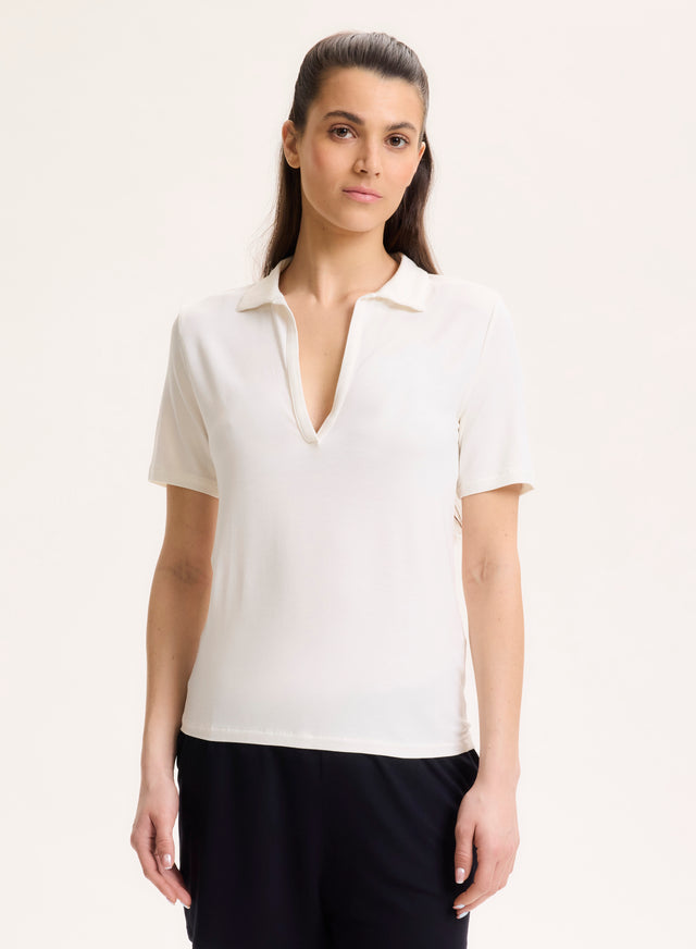 Majestic Filatures Polo Écru Col Polo Manches Courtes En Viscose / Élasthanne Viscose / Élasthanne